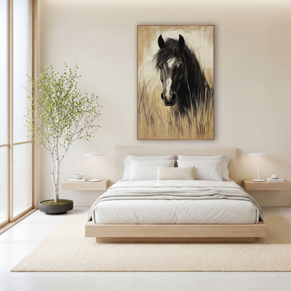 Charcoal Horse in Tall Grass wall art in a calm Japandi-style room – black horse with white blaze facing forward