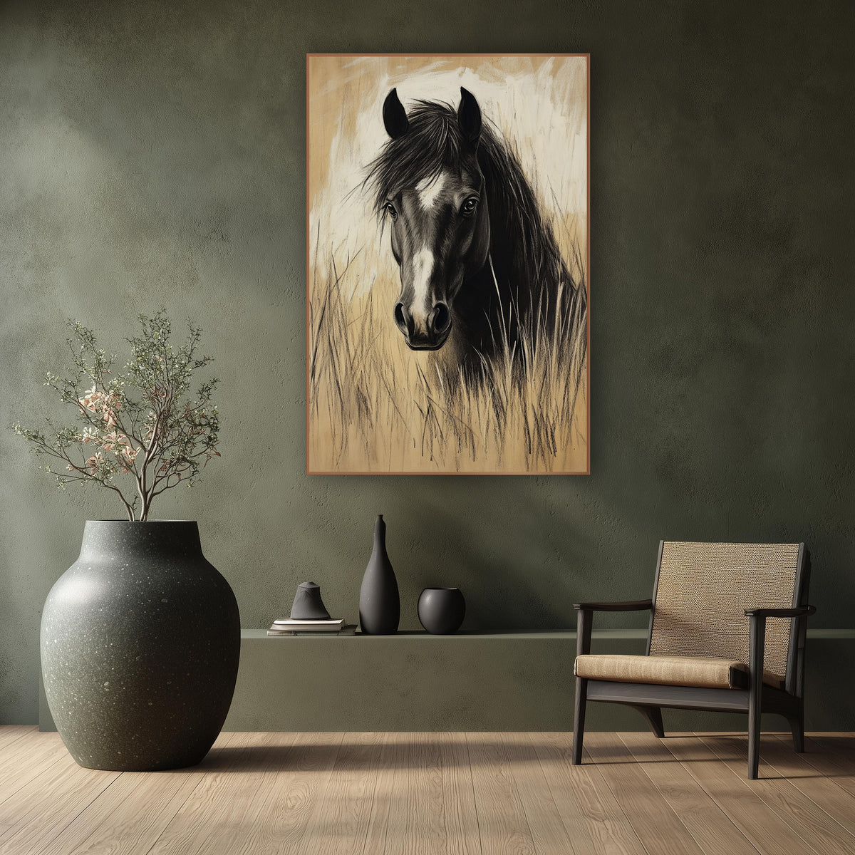 Charcoal Horse in Tall Grass wall art in a calm Japandi-style room – black horse with white blaze facing forward