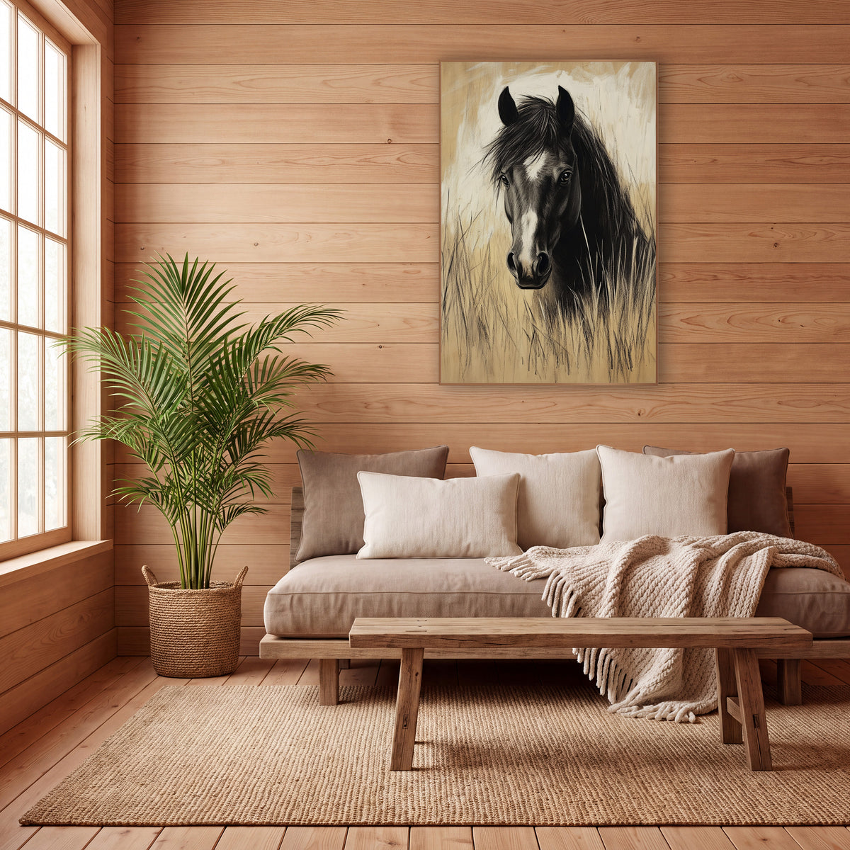 Charcoal Horse in Tall Grass wall art in a calm Japandi-style room – black horse with white blaze facing forward