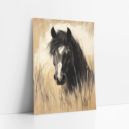 Charcoal Horse in Tall Grass art print leaning against a white wall – black horse with white blaze facing forward in tall tan
