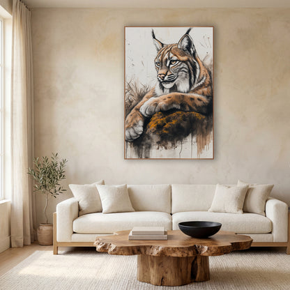 Amber Lynx Mossy Rock Sketch wall art in a calm Japandi-style room – lynx with tufted ears resting its paws on a mossy