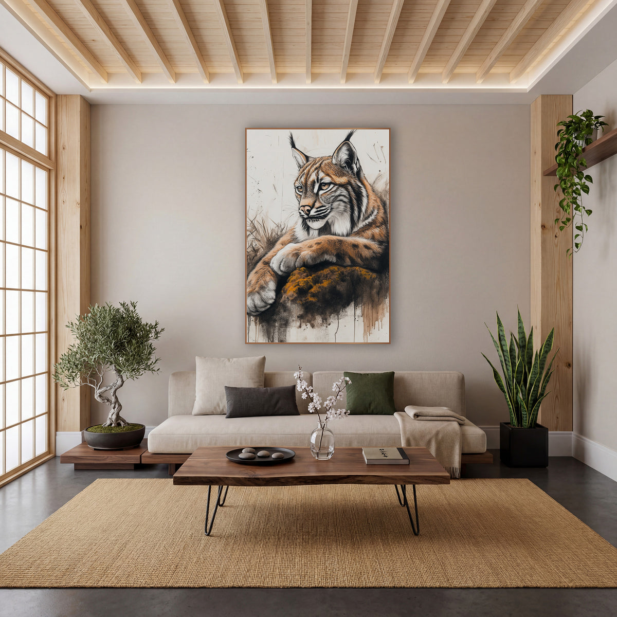 Amber Lynx Mossy Rock Sketch wall art in a calm Japandi-style room – lynx with tufted ears resting its paws on a mossy