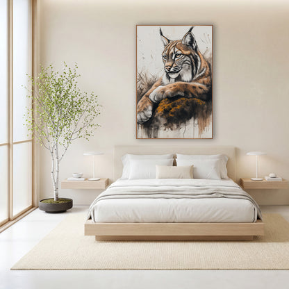 Amber Lynx Mossy Rock Sketch wall art in a calm Japandi-style room – lynx with tufted ears resting its paws on a mossy