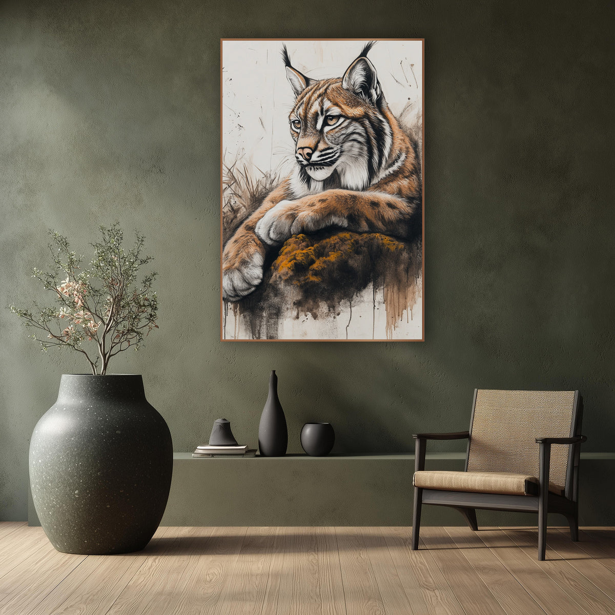 Amber Lynx Mossy Rock Sketch wall art in a calm Japandi-style room – lynx with tufted ears resting its paws on a mossy