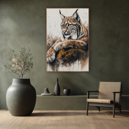 Amber Lynx Mossy Rock Sketch wall art in a calm Japandi-style room – lynx with tufted ears resting its paws on a mossy