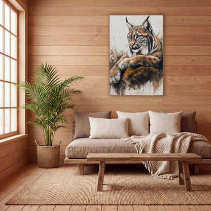 Amber Lynx Mossy Rock Sketch wall art in a calm Japandi-style room – lynx with tufted ears resting its paws on a mossy