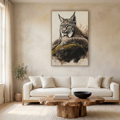 Olive Moss Lynx Cream Sketch wall art in a calm Japandi-style room – charcoal and chalk style drawing of a lynx