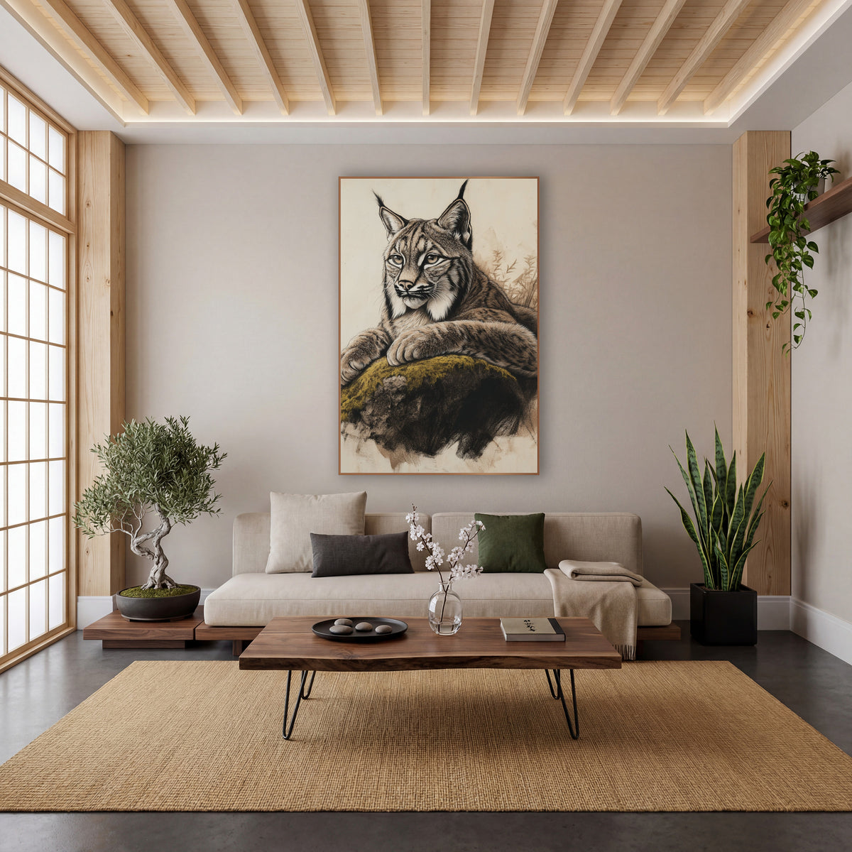 Olive Moss Lynx Cream Sketch wall art in a calm Japandi-style room – charcoal and chalk style drawing of a lynx