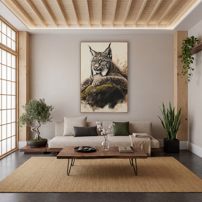 Olive Moss Lynx Cream Sketch wall art in a calm Japandi-style room – charcoal and chalk style drawing of a lynx