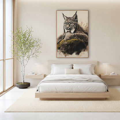 Olive Moss Lynx Cream Sketch wall art in a calm Japandi-style room – charcoal and chalk style drawing of a lynx