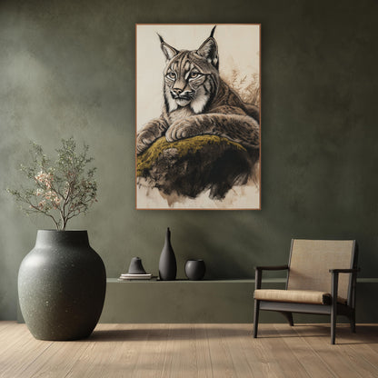 Olive Moss Lynx Cream Sketch wall art in a calm Japandi-style room – charcoal and chalk style drawing of a lynx