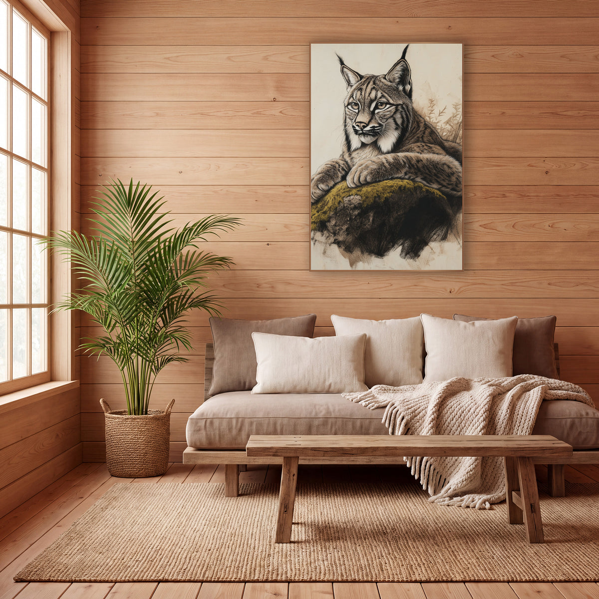 Olive Moss Lynx Cream Sketch wall art in a calm Japandi-style room – charcoal and chalk style drawing of a lynx
