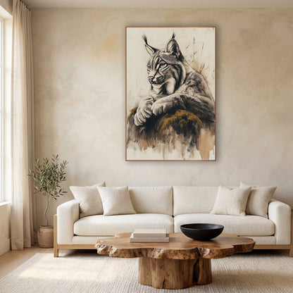 Profile Lynx Grasses Ink Study wall art in a calm Japandi-style room – charcoal-style drawing of a lynx with tufted