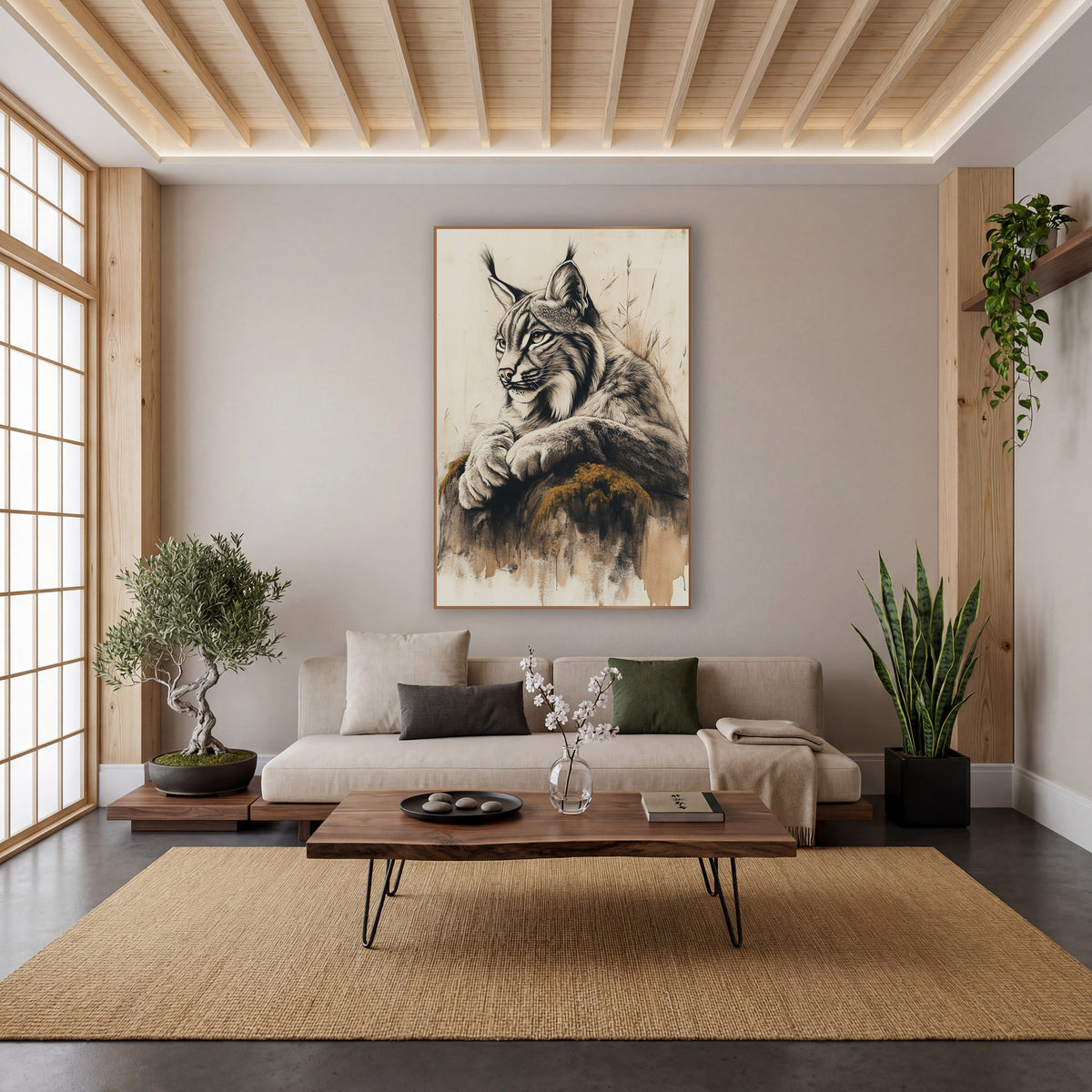 Profile Lynx Grasses Ink Study wall art in a calm Japandi-style room – charcoal-style drawing of a lynx with tufted