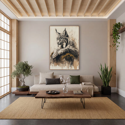 Profile Lynx Grasses Ink Study wall art in a calm Japandi-style room – charcoal-style drawing of a lynx with tufted