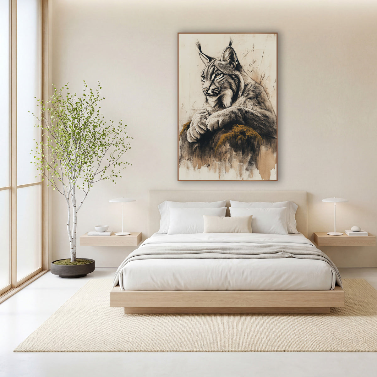 Profile Lynx Grasses Ink Study wall art in a calm Japandi-style room – charcoal-style drawing of a lynx with tufted