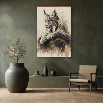 Profile Lynx Grasses Ink Study wall art in a calm Japandi-style room – charcoal-style drawing of a lynx with tufted