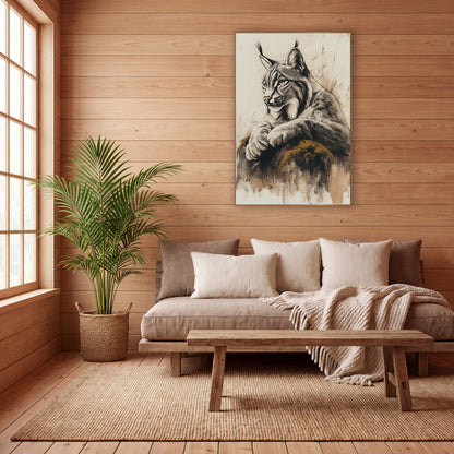 Profile Lynx Grasses Ink Study wall art in a calm Japandi-style room – charcoal-style drawing of a lynx with tufted