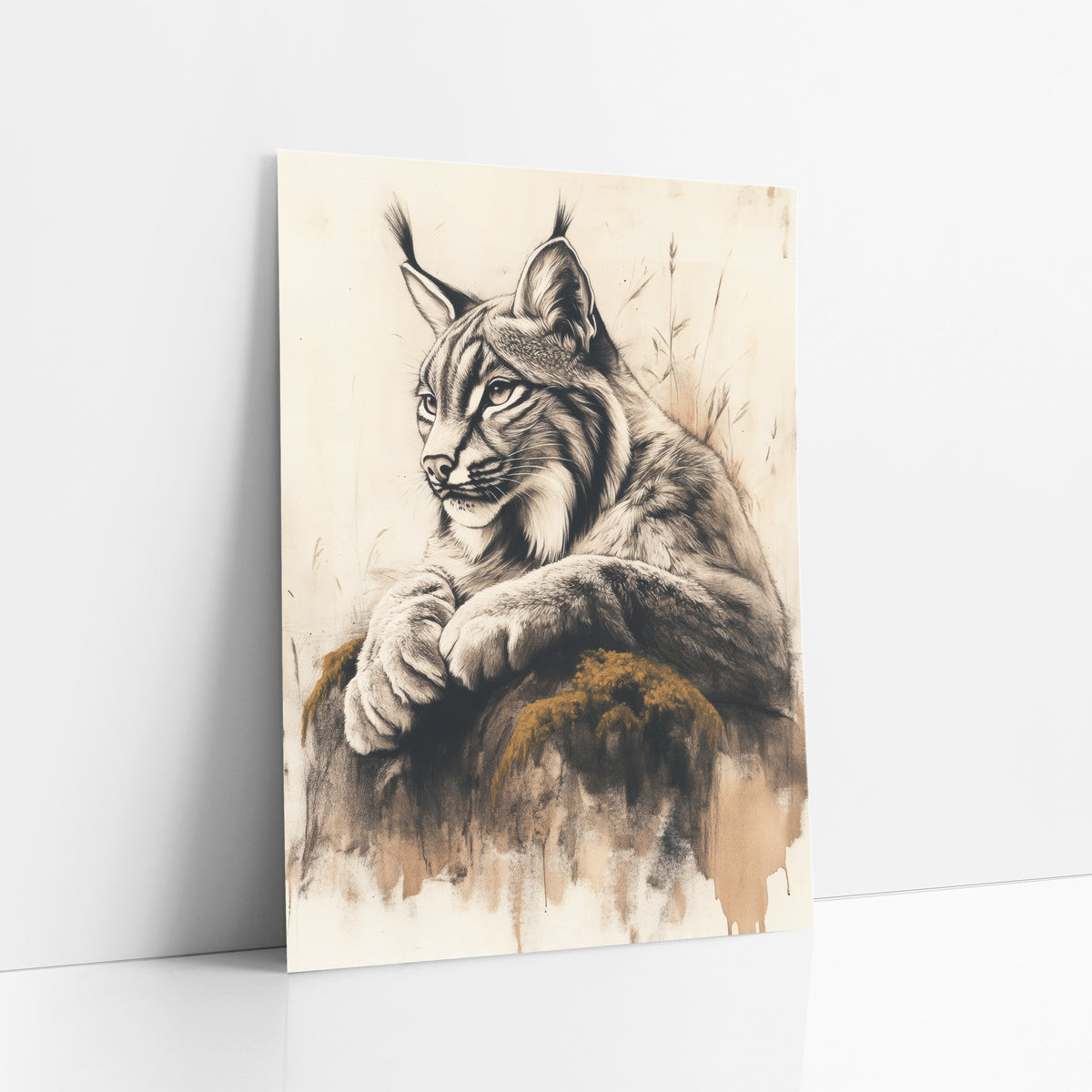 Profile Lynx Grasses Ink Study art print leaning against a white wall – charcoal-style drawing of a lynx with tufted ears
