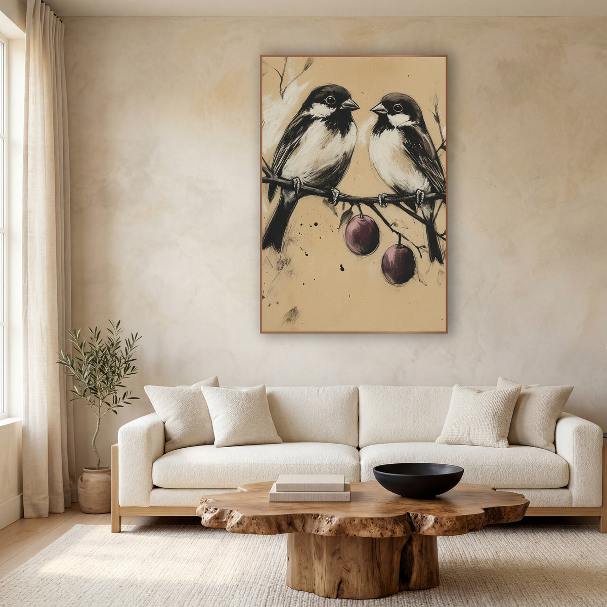 Charcoal Bird Pair Plum Branch wall art in a calm Japandi-style room – two small black and white birds perched
