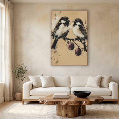 Charcoal Bird Pair Plum Branch wall art in a calm Japandi-style room – two small black and white birds perched