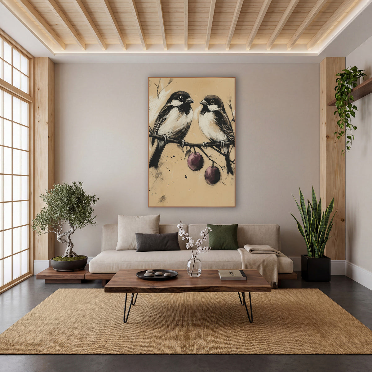 Charcoal Bird Pair Plum Branch wall art in a calm Japandi-style room – two small black and white birds perched