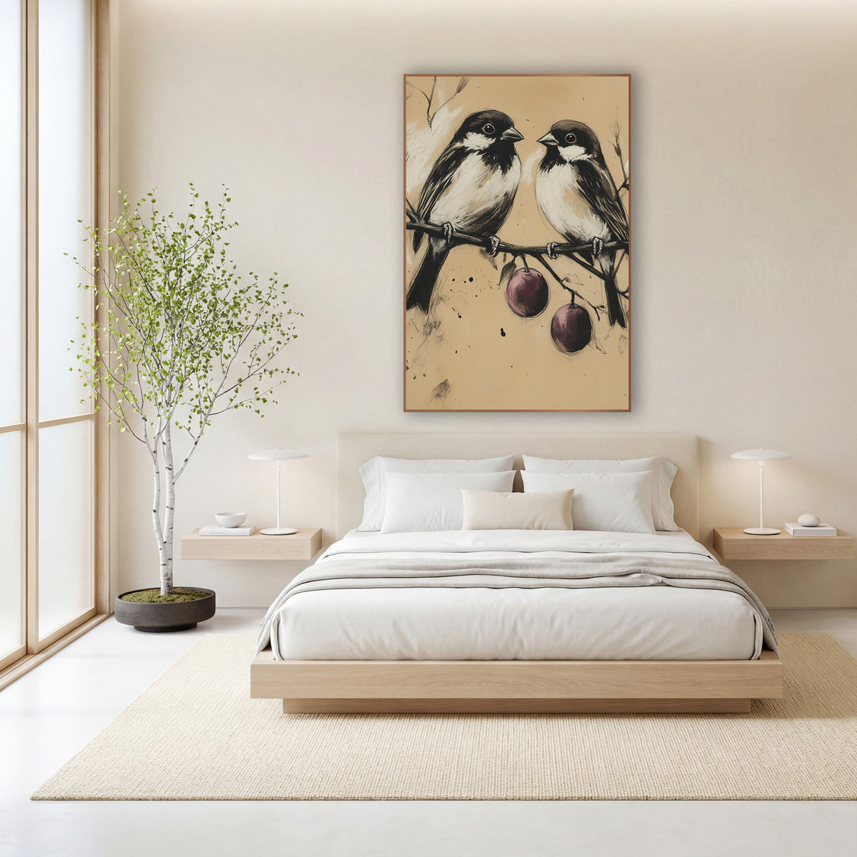 Charcoal Bird Pair Plum Branch wall art in a calm Japandi-style room – two small black and white birds perched