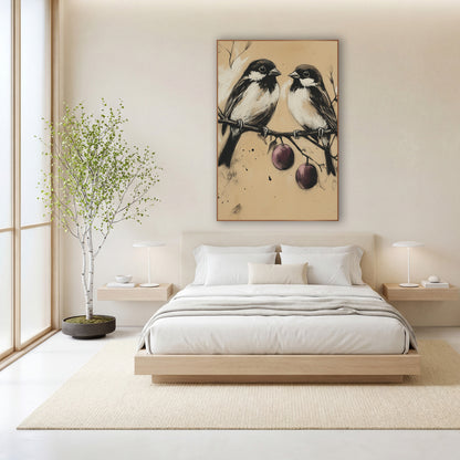 Charcoal Bird Pair Plum Branch wall art in a calm Japandi-style room – two small black and white birds perched