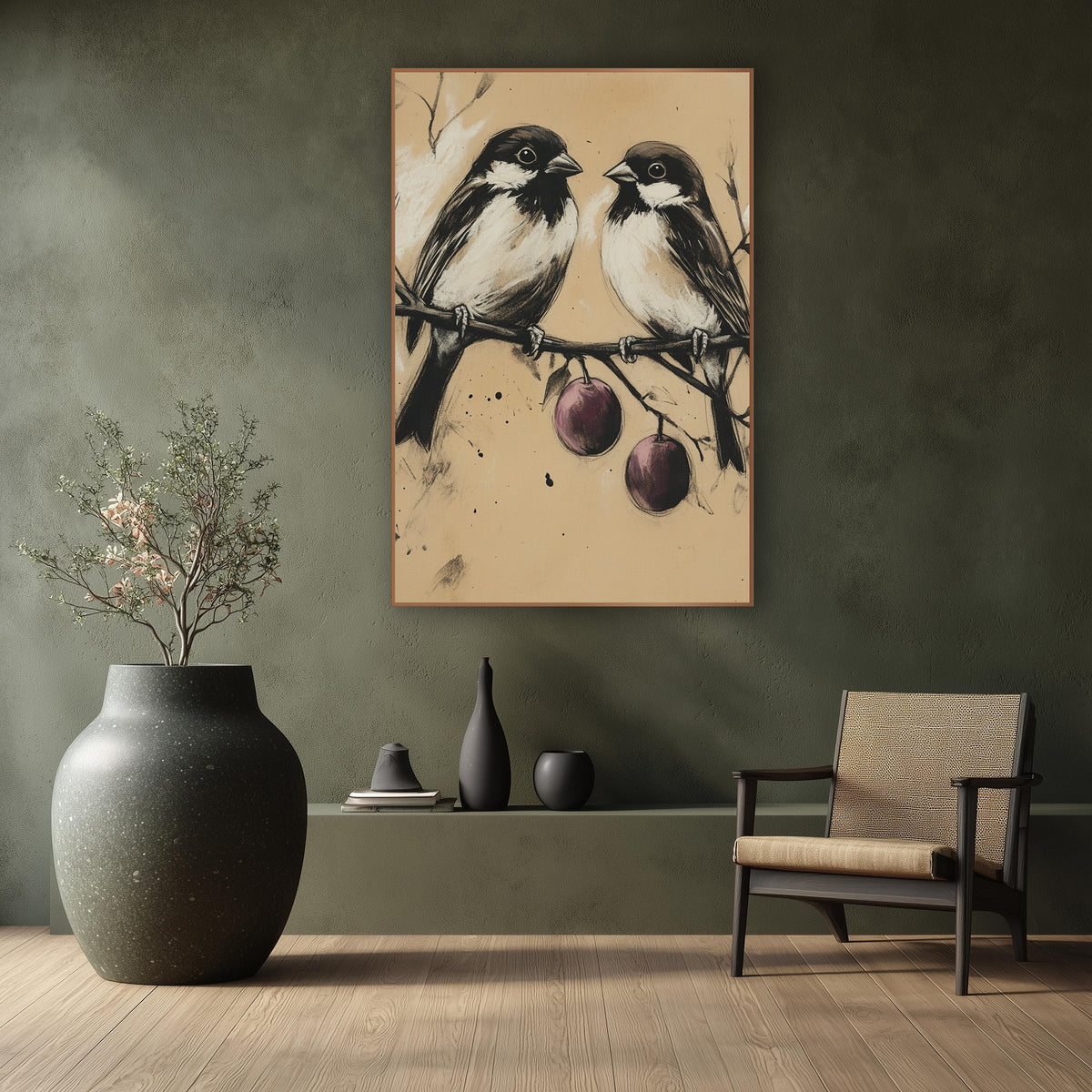 Charcoal Bird Pair Plum Branch wall art in a calm Japandi-style room – two small black and white birds perched