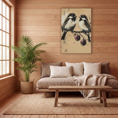 Charcoal Bird Pair Plum Branch wall art in a calm Japandi-style room – two small black and white birds perched