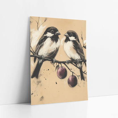 Charcoal Bird Pair Plum Branch art print leaning against a white wall – two small black and white birds perched on a bare