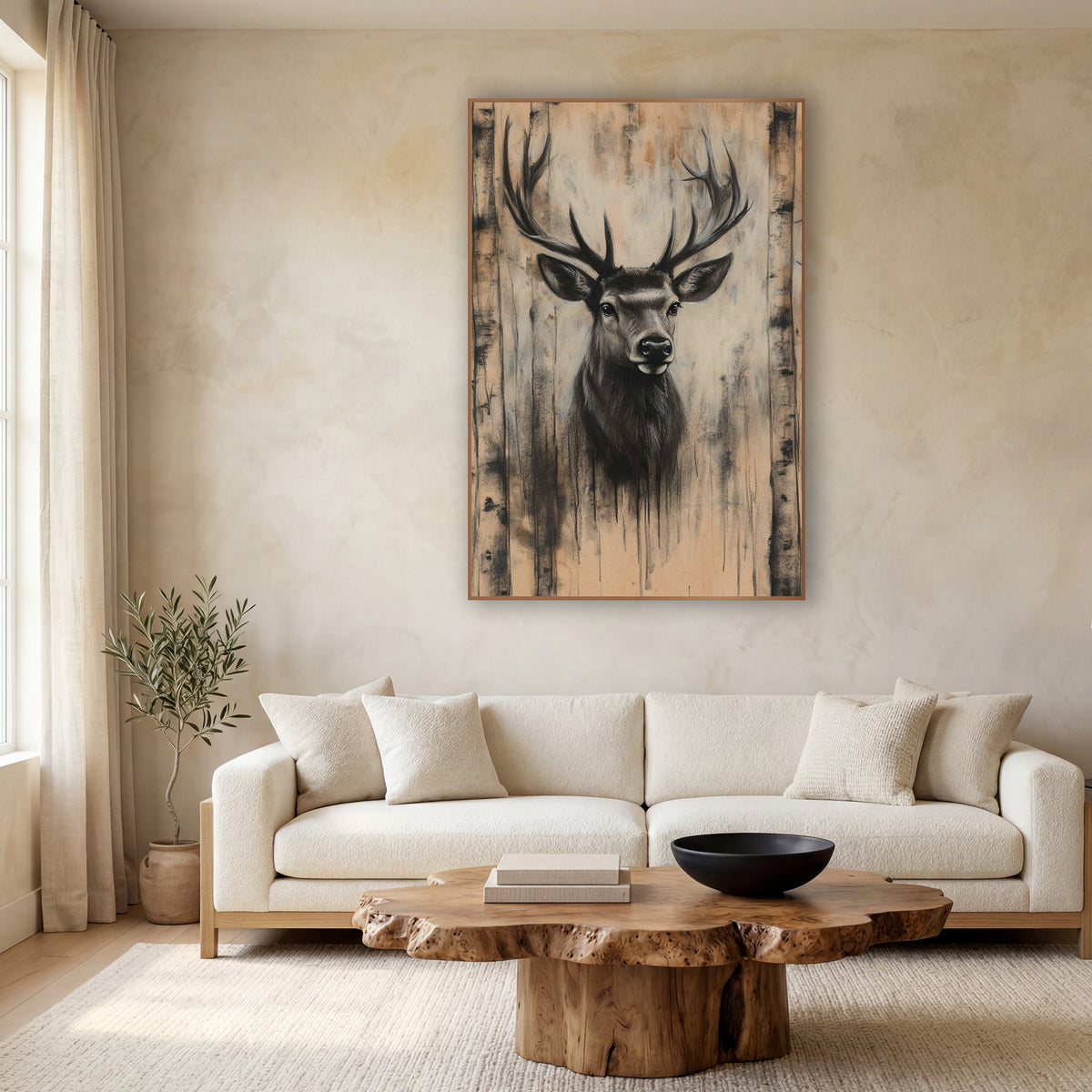 Stag Between Birch Trunks Charcoal wall art in a calm Japandi-style room – charcoal-look stag portrait with wide