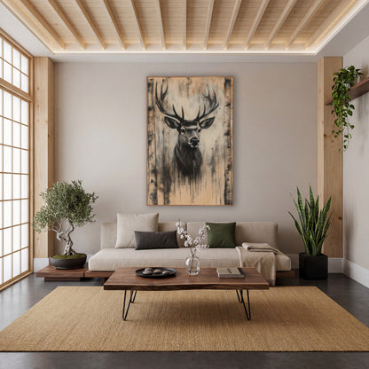 Stag Between Birch Trunks Charcoal wall art in a calm Japandi-style room – charcoal-look stag portrait with wide
