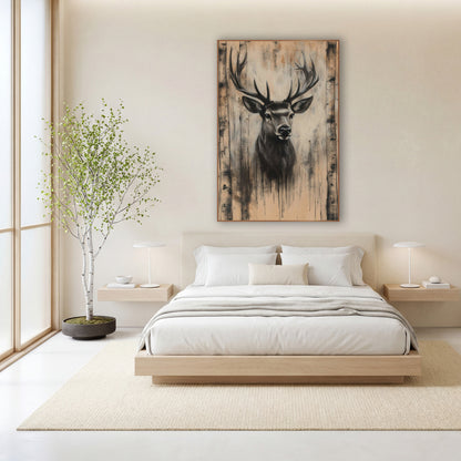 Stag Between Birch Trunks Charcoal wall art in a calm Japandi-style room – charcoal-look stag portrait with wide
