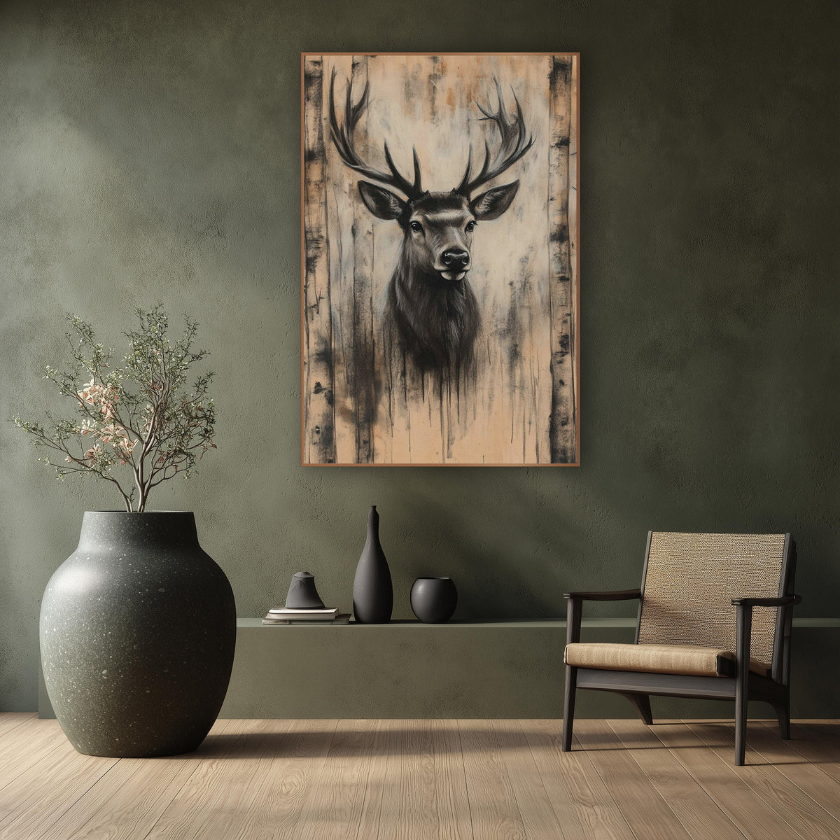 Stag Between Birch Trunks Charcoal wall art in a calm Japandi-style room – charcoal-look stag portrait with wide