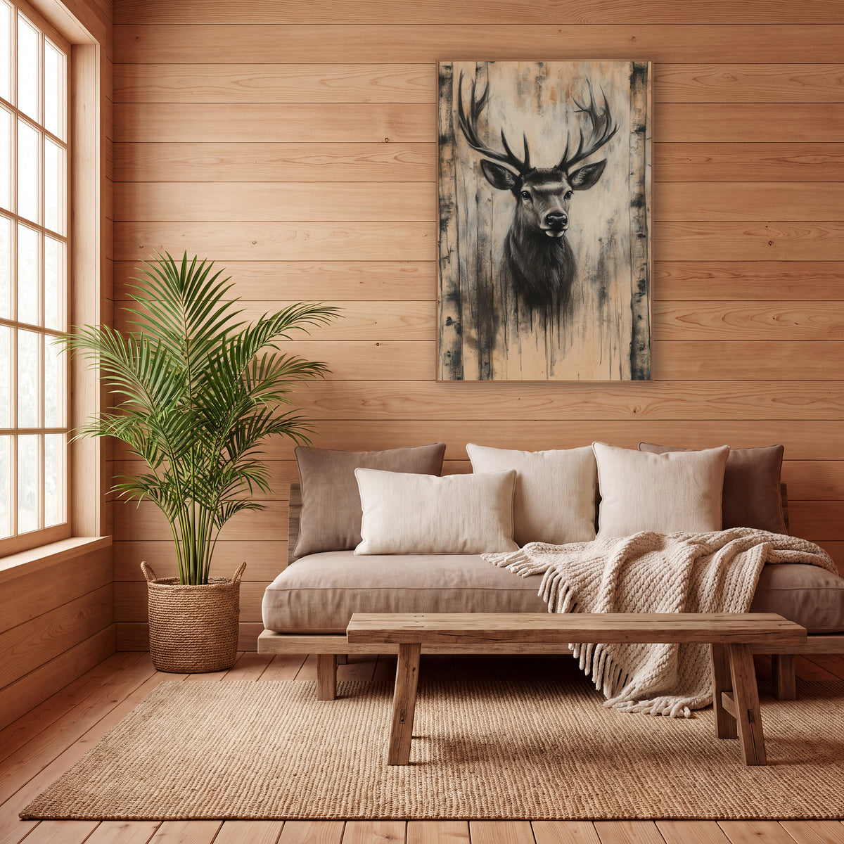 Stag Between Birch Trunks Charcoal wall art in a calm Japandi-style room – charcoal-look stag portrait with wide