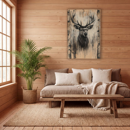 Stag Between Birch Trunks Charcoal wall art in a calm Japandi-style room – charcoal-look stag portrait with wide