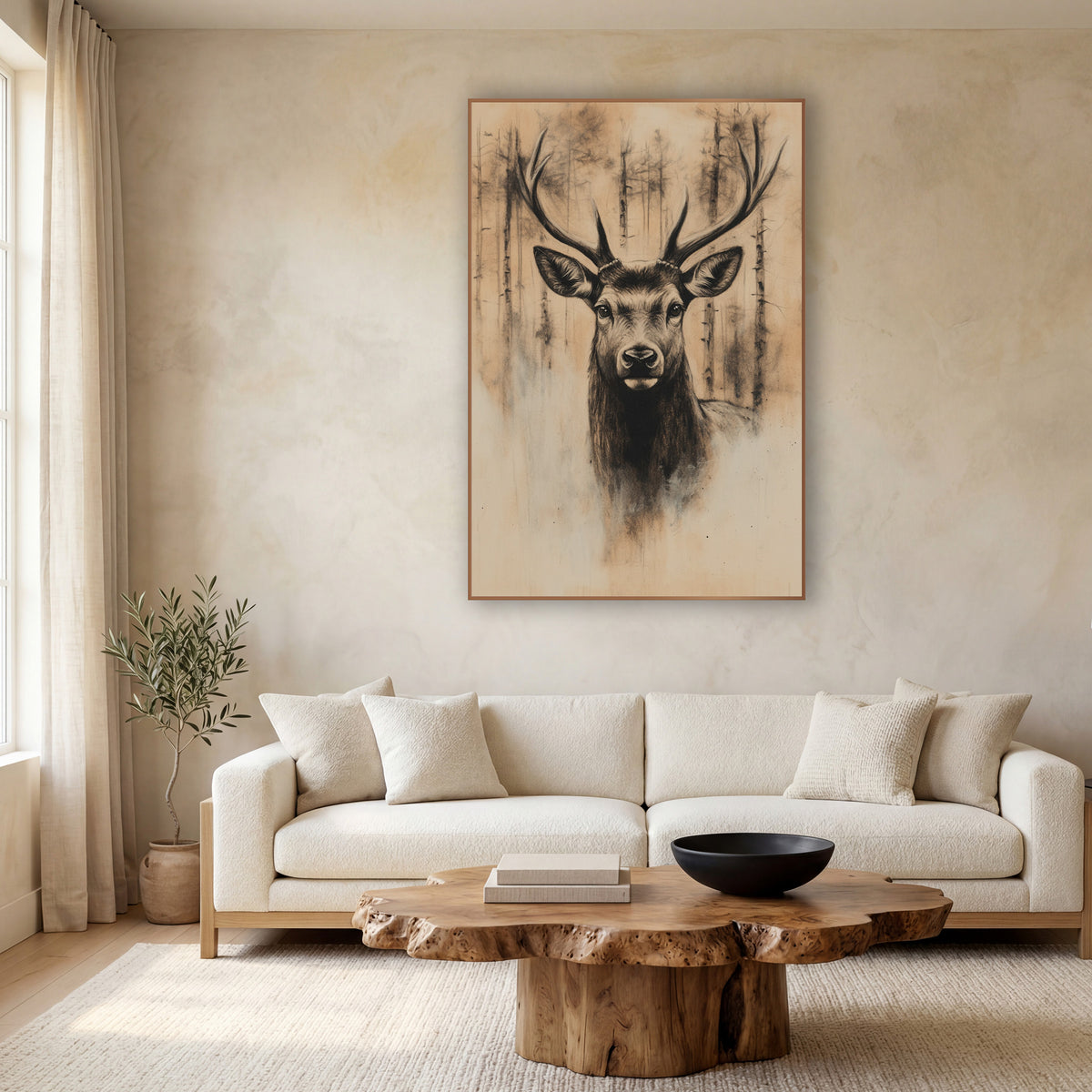 Stag Through Pine Mist Sepia wall art in a calm Japandi-style room – charcoal-style stag portrait with tall antlers