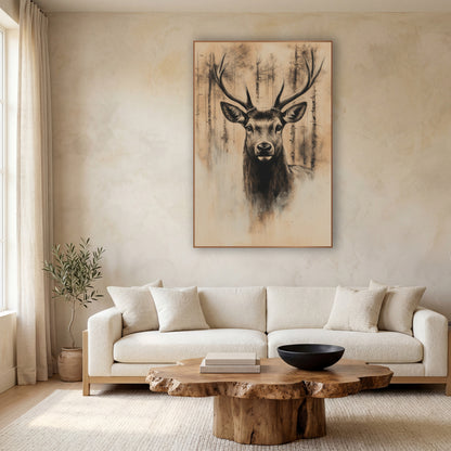 Stag Through Pine Mist Sepia wall art in a calm Japandi-style room – charcoal-style stag portrait with tall antlers