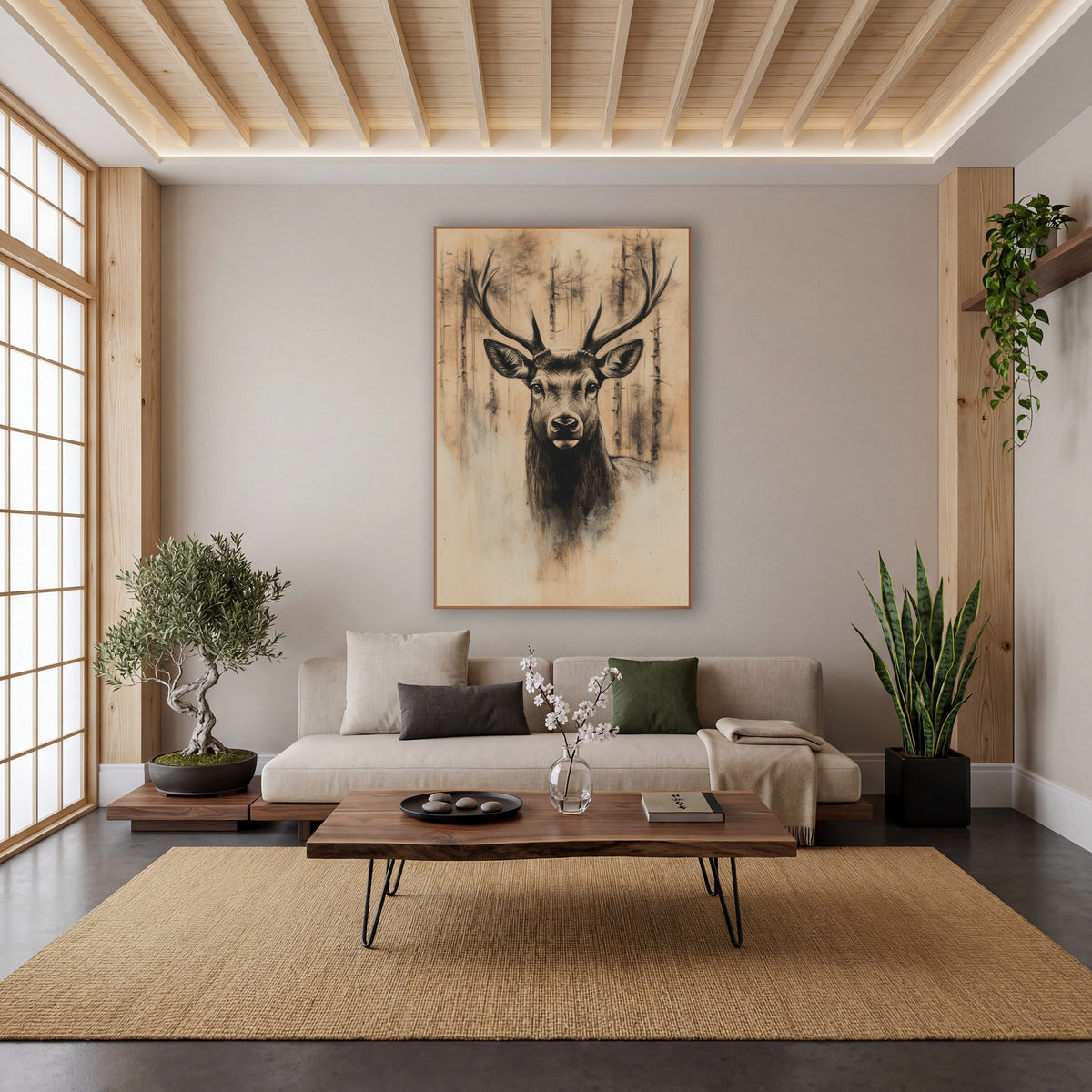 Stag Through Pine Mist Sepia wall art in a calm Japandi-style room – charcoal-style stag portrait with tall antlers