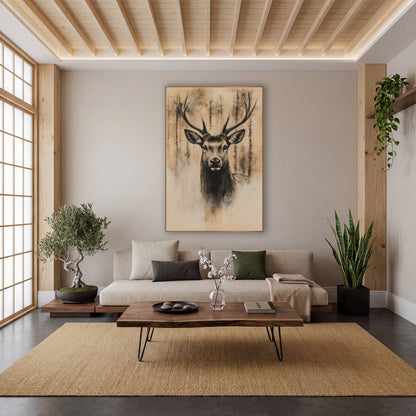 Stag Through Pine Mist Sepia wall art in a calm Japandi-style room – charcoal-style stag portrait with tall antlers