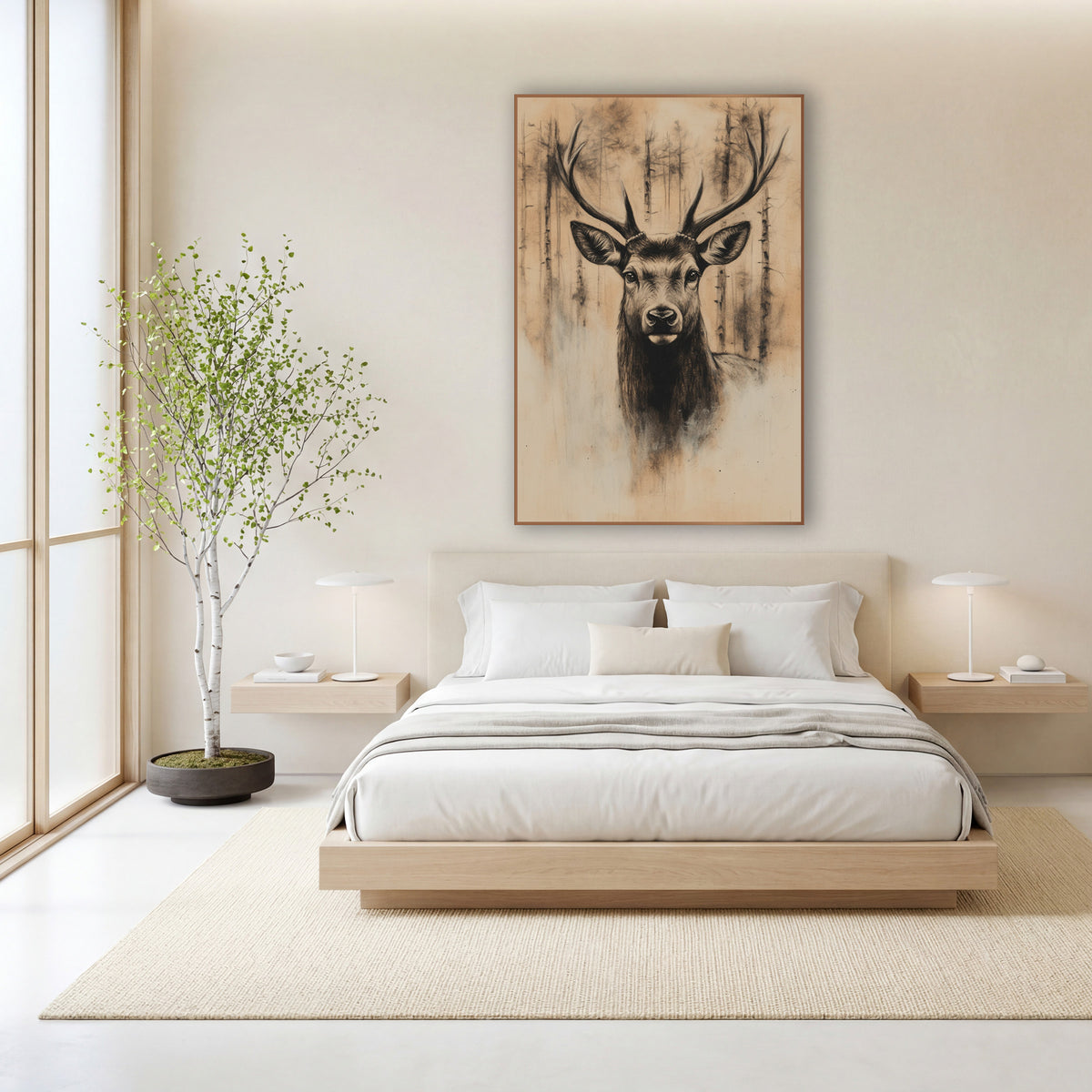 Stag Through Pine Mist Sepia wall art in a calm Japandi-style room – charcoal-style stag portrait with tall antlers
