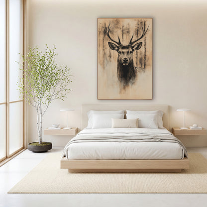 Stag Through Pine Mist Sepia wall art in a calm Japandi-style room – charcoal-style stag portrait with tall antlers