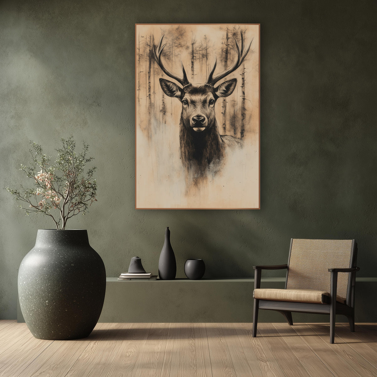 Stag Through Pine Mist Sepia wall art in a calm Japandi-style room – charcoal-style stag portrait with tall antlers