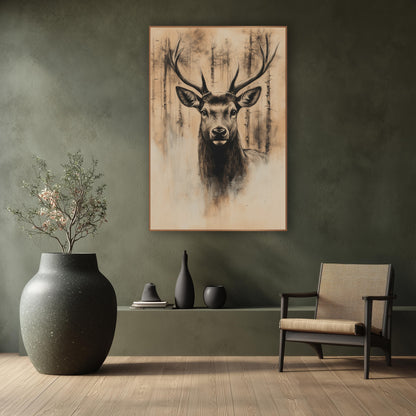 Stag Through Pine Mist Sepia wall art in a calm Japandi-style room – charcoal-style stag portrait with tall antlers