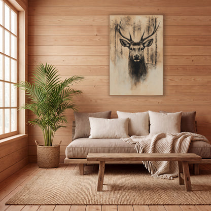 Stag Through Pine Mist Sepia wall art in a calm Japandi-style room – charcoal-style stag portrait with tall antlers