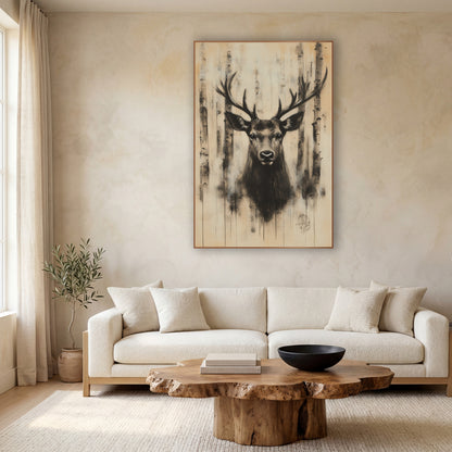 Stag Dripping Birch Ink Portrait wall art in a calm Japandi-style room – charcoal-style stag portrait with wide