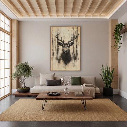 Stag Dripping Birch Ink Portrait wall art in a calm Japandi-style room – charcoal-style stag portrait with wide