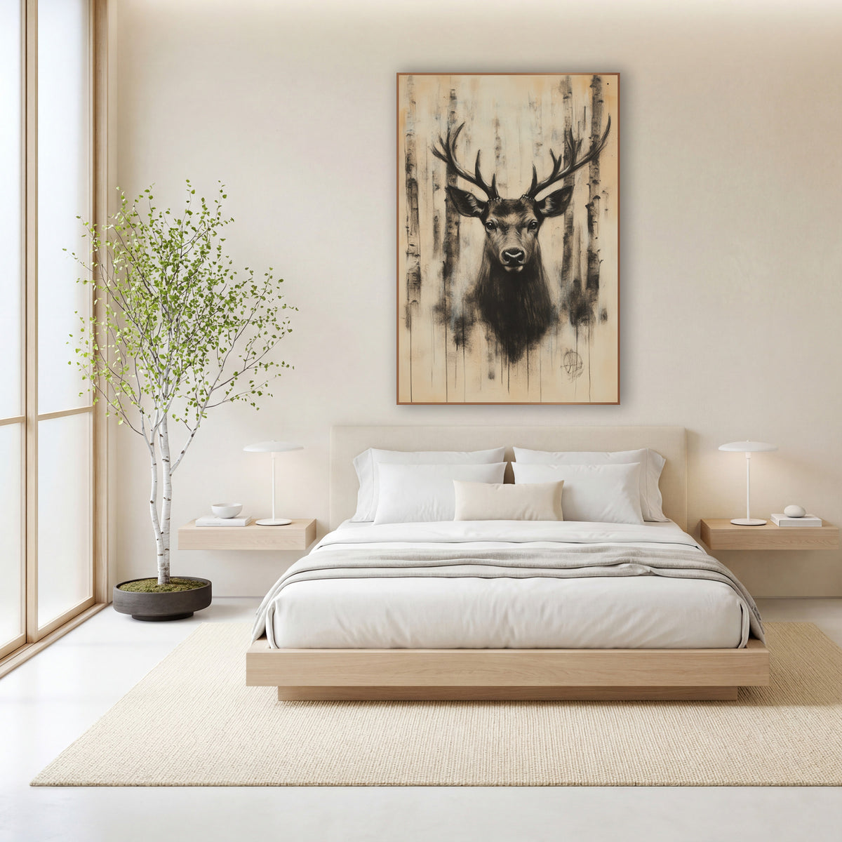 Stag Dripping Birch Ink Portrait wall art in a calm Japandi-style room – charcoal-style stag portrait with wide
