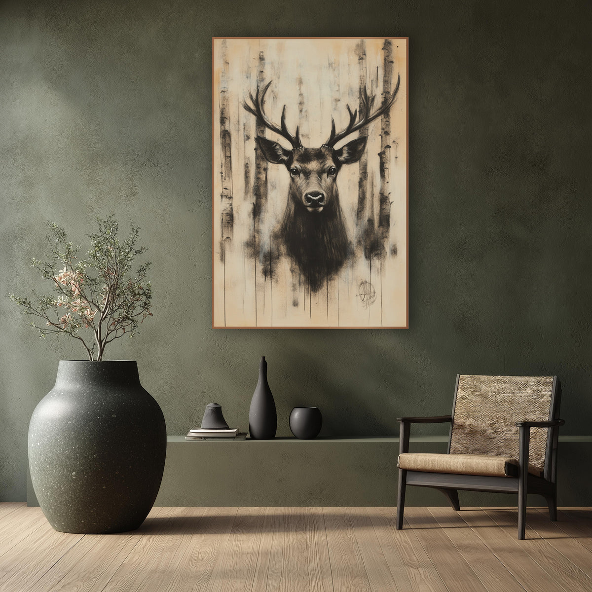 Stag Dripping Birch Ink Portrait wall art in a calm Japandi-style room – charcoal-style stag portrait with wide